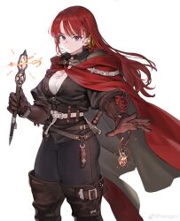 Rule 34 | 1girl, absurdres, belt, boots, braid, breasts, brown gloves, choker, cleavage, cloak, gloves, hair ribbon, highres, jewelry, jun (navigavi), large breasts, long hair, looking at viewer, original, pendant, purple eyes, red cloak, red hair, ribbon, solo, thigh boots, wand, weapon, weibo logo, weibo watermark