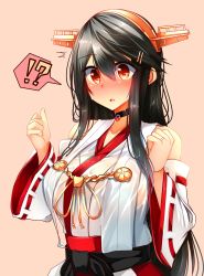 Rule 34 | !?, 10s, 1girl, ^^^, absurdres, bad id, bad nicoseiga id, bare shoulders, black hair, blush, brown eyes, detached sleeves, hair ornament, hairband, hairclip, haruna (kancolle), headgear, highres, japanese clothes, kantai collection, long hair, nontraditional miko, see-through, simple background, solo, tsukui kachou, wet, wet clothes