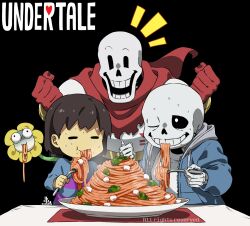Rule 34 | 1other, 2boys, = =, androgynous, basil leaf, black background, blue jacket, blue shirt, brothers, brown hair, bulging eyes, cape, cel shading, child, clenched hands, closed eyes, commentary, copyright name, copyright notice, eating, facing viewer, flower, flowey (undertale), food, food in mouth, food on face, fork, frisk (undertale), gloves, grin, hands up, highres, holding, holding fork, hood, hood down, hooded jacket, jacket, kamezaemon, long sleeves, male focus, multiple boys, no nose, notice lines, one eye closed, open clothes, open jacket, open mouth, papyrus (undertale), pasta, plate, red cape, red gloves, sans (undertale), shirt, short hair, siblings, simple background, skeleton, smile, solid oval eyes, spaghetti, sweat, undertale, upper body, white shirt, yellow flower, zipper