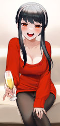Rule 34 | 1girl, :d, alcohol, black hair, blush, breasts, champagne, cleavage, collarbone, commentary, cup, dress, eden (shiroki yuutsu), english commentary, hairband, highres, holding, holding cup, large breasts, long hair, looking at viewer, open mouth, outstretched arm, pantyhose, red eyes, red sweater, sidelocks, sitting, smile, solo, spy x family, sweater, sweater dress, teeth, upper teeth only, white hairband, yor briar