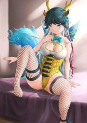 Rule 34 | 1girl, adapted costume, animal ears, arm support, bare arms, bare shoulders, black hair, blue eyes, bow, bowtie, breasts, cleavage, cleavage cutout, closed mouth, clothing cutout, fishnet thighhighs, fishnets, furrowed brow, gluteal fold, horns, kasu (kasunohikari), kemono friends, kirin (kemono friends), knee up, large breasts, leaning to the side, leotard, long hair, multicolored hair, outstretched arm, outstretched hand, paid reward available, pink hair, sitting, solo, spread legs, tail, tearing up, thighhighs, toes, very long hair, white hair, wings