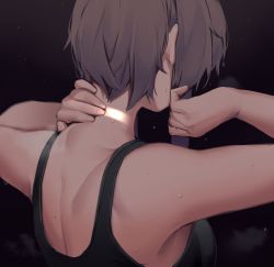 Rule 34 | 1girl, arms up, back, back focus, black tank top, brown hair, close-up, from behind, hand on own neck, hidden face, highres, nine (kanine41), original, short hair, short hair with long locks, sleeveless, solo, spaghetti strap, sweat, tank top, upper body