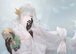 Rule 34 | 1girl, black gloves, blue eyes, blurry, blurry background, bow, closed mouth, depth of field, doll, fate/grand order, fate (series), gloves, grey hair, hair bow, hair ornament, hair over one eye, head tilt, holding, japanese clothes, kimono, long hair, looking at viewer, low-tied long hair, neko (ganecooo), pink kimono, solo, upper body, viy (fate), white bow