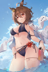 Rule 34 | 1girl, :q, agnes tachyon (umamusume), ahoge, alternate costume, animal ears, artist name, bikini, black bikini, black choker, blue sky, breasts, brown hair, buttons, can, choker, closed mouth, cloud, coat, coat on shoulders, colored eyelashes, commentary request, cowboy shot, day, drink can, earrings, flower, from below, groin, hair between eyes, hair flower, hair ornament, hibiscus, highres, holding, holding can, horse ears, horse girl, horse tail, jewelry, kita (kitairoha), lab coat, large breasts, light blush, long sleeves, multi-strapped bikini, navel, ocean, outdoors, pulling own clothes, red eyes, red flower, short hair, side-tie bikini bottom, sideboob, signature, single earring, sky, soda can, solo, standing, strap pull, strap slip, swimsuit, tail, thigh strap, thighs, tongue, tongue out, umamusume, wading, water, water drop, wet, white coat, wrist straps