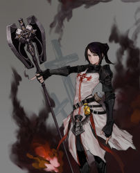 Rule 34 | 00s, armor, axe, bad id, bad pixiv id, belt, black hair, brown eyes, cross, dungeon and fighter, female priest (dungeon and fighter), fingerless gloves, fire, flask, gauntlets, gloves, highres, inquisitor (dungeon and fighter), looking at viewer, polearm, ponytail, serious, smoke, solo, tabard, tamidro, weapon