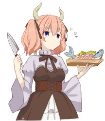 Rule 34 | 1girl, blue eyes, bow, bowtie, breasts, brown bow, brown bowtie, brown dress, commentary request, corset, cowboy shot, demon girl, demon horns, dress, fish (food), food, frilled shirt collar, frills, glint, hair ribbon, holding, holding knife, holding plate, horns, juliet sleeves, knife, linie (sousou no frieren), long sleeves, looking at viewer, medium breasts, pink hair, plate, puffy sleeves, retsumaru, ribbon, sashimi, shirt, simple background, solo, sousou no frieren, twintails, white background, white shirt, wide sleeves
