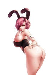 Rule 34 | 1girl, absurdres, animal ears, ass, bad id, bad pixiv id, bare shoulders, breasts, cuffs, hair over one eye, hairband, highres, large breasts, looking at viewer, oinari risuru, original, rabbit ears, rabbit girl, rabbit tail, red eyes, red hair, shiny skin, short hair, solo, tail, wrist cuffs