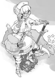 Rule 34 | 1girl, @ @, adjusting eyewear, apron, armor, armored dress, bag, blunt bangs, boar, boots, braid, breasts, bullfango, capcom, capelet, cleavage, cleavage cutout, clothing cutout, death, dress, fangs, food, frills, from above, glasses, gloves, greyscale, hair bun, hammer, hat, healer (armor), large breasts, leg up, looking away, lying, monochrome, monster, monster hunter (series), najimi shin, nurse, on back, saliva, satchel, short dress, short hair, side braid, single hair bun, smile, solo, spikes, standing, star (symbol), strap, thigh boots, thighhighs, weapon, zettai ryouiki