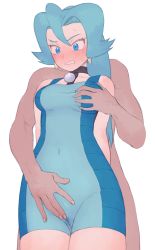 Rule 34 | 1boy, 1girl, absurdres, black choker, blue bodysuit, blue eyes, blue hair, blush, bodysuit, breasts, cameltoe, choker, clair (pokemon), clothed female nude male, commentary request, covered navel, creatures (company), earrings, eyelashes, game freak, gem, grabbing, grabbing another&#039;s breast, groping, hetero, highres, jewelry, long hair, looking down, nintendo, nude, pearl (gemstone), pokemon, pokemon hgss, ponytail, shizuka no uni, stained clothes, sweat, tooth earrings, two-tone bodysuit, white background