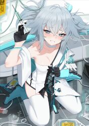 Rule 34 | 1girl, :d, absurdres, black gloves, blue eyes, blue hair, blush, boots, breasts, choker, florence (neural cloud), girls&#039; frontline, girls&#039; frontline neural cloud, gloves, grey hair, hat, heart, heart-shaped pupils, highres, holding, holding syringe, id card, jimwh37, light blue hair, medium breasts, nurse cap, open clothes, open mouth, pa-15 (girls&#039; frontline), short hair, smile, solo, symbol-shaped pupils, syringe, thighhighs, white choker, white thighhighs