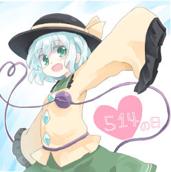 Rule 34 | 1girl, black hat, blue background, commentary request, frilled sleeves, frills, green eyes, green hair, green skirt, hat, hat ribbon, heart, heart of string, highres, kibisake, koishi day, komeiji koishi, looking at viewer, open mouth, ribbon, shirt, short hair, skirt, sleeves past fingers, sleeves past wrists, smile, solo, third eye, touhou, upper body, white background, yellow ribbon, yellow shirt