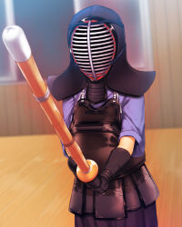 Rule 34 | 1girl, black gloves, blurry, blurry background, bougu, gloves, highres, holding, holding weapon, indoors, kendo, official art, peropero saimin, solo, standing, umeboshi jin, weapon, wooden floor