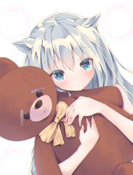 Rule 34 | 1girl, :&lt;, animal ears, blue eyes, blush, cat ears, chromatic aberration, closed mouth, dutch angle, hamaru (s5625t), long hair, looking at viewer, hugging object, original, silver hair, simple background, solo, stuffed animal, stuffed toy, teddy bear, tsurime, upper body, white background