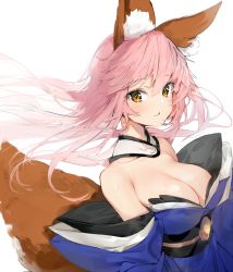 Rule 34 | 1girl, animal ear fluff, animal ears, blue kimono, blue sleeves, blush, breasts, brown eyes, cleavage, commentary request, detached sleeves, fang, fate/extra, fate (series), floating hair, fox ears, fox girl, fox tail, hair between eyes, highres, japanese clothes, kimono, large breasts, long hair, looking at viewer, obi, parted lips, pink hair, revision, sash, silver (chenwen), simple background, solo, strapless, tail, tamamo (fate), tamamo no mae (fate/extra), upper body, white background