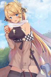 Rule 34 | 1girl, :d, alternate costume, azur lane, bag, bare shoulders, black sweater, black thighhighs, blonde hair, blue eyes, blue sky, blush, breasts, breath, brown coat, can, cloud, coat, coat dress, cowboy shot, cross, cross necklace, day, hair ornament, hair ribbon, hairclip, highres, holding, holding bag, holding can, izumo neru, jewelry, large breasts, laurel crown, long hair, looking at viewer, necklace, off shoulder, open mouth, outdoors, ribbed sweater, ribbon, scarf, sidelocks, sky, sleeveless, sleeveless sweater, smile, solo, sweater, thighhighs, very long hair, victorious (azur lane), victorious (the goddess&#039; day off) (azur lane)