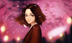 Rule 34 | 1girl, blurry, blurry background, brown eyes, brown hair, cherry blossoms, commentary request, depth of field, expressionless, highres, japanese clothes, jungon kim, kimono, lips, looking at viewer, looking to the side, obi, parted lips, petals, red kimono, sash, solo, standing