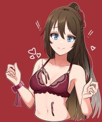 Rule 34 | !, !!, 1girl, absurdres, bare shoulders, bikini, blue eyes, bra, breasts, brown hair, chocolate, chocolate on body, chocolate on breasts, closed mouth, collarbone, commentary, cropped torso, english commentary, food on body, hair between eyes, heart, highres, lace, lace-trimmed bra, lace trim, long hair, looking at viewer, love live!, love live! nijigasaki high school idol club, medium breasts, midriff, navel, osaka shizuku, ponytail, red background, red bikini, red ribbon, ribbon, sideboob, sidelocks, smile, solo, swimsuit, underwear, whin, wrist ribbon