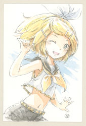 Rule 34 | 1girl, bare shoulders, belt, black collar, black shorts, blonde hair, bow, collar, commentary, cowboy shot, crop top, epoxy putty, hair bow, hair ornament, hairclip, hand up, kagamine rin, looking at viewer, midriff, navel, neckerchief, one eye closed, open mouth, painting (medium), sailor collar, shaka sign, shirt, short hair, shorts, sleeveless, sleeveless shirt, smile, solo, swept bangs, traditional media, treble clef, vocaloid, watercolor (medium), white bow, white shirt, yellow neckerchief