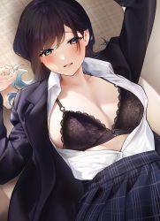 Rule 34 | 1girl, black hair, blouse, blush, breasts, cleavage, collared shirt, grey eyes, highres, large breasts, long sleeves, looking at viewer, open clothes, open shirt, original, shirt, short hair, sino42, solo, white shirt