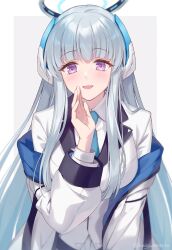 Rule 34 | 1girl, artist name, blue archive, blue halo, blue necktie, blush, border, breasts, coat, collared shirt, earpiece, formal, grey background, grey hair, hagiwara rin, halo, hand up, highres, jacket, lapels, large breasts, long hair, long sleeves, looking at viewer, mechanical halo, necktie, noa (blue archive), open clothes, open coat, open mouth, outside border, pleated skirt, puffy long sleeves, puffy sleeves, purple eyes, shirt, sidelocks, simple background, skirt, smile, solo, standing, suit, white border, white coat, white jacket, white shirt, white skirt