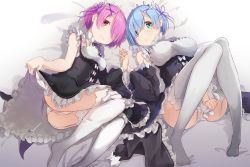 Rule 34 | 10s, 2girls, ass, blue eyes, blue hair, breasts, clothes lift, commentary request, detached sleeves, dress, dress lift, dress tug, garter straps, hair ornament, hair over one eye, hair ribbon, holding hands, headdress, interlocked fingers, large breasts, lingerie, looking at viewer, lying, maid, multiple girls, pachi (sugiyama0306), panties, pink hair, ram (re:zero), re:zero kara hajimeru isekai seikatsu, red eyes, rem (re:zero), ribbon, short hair, siblings, sisters, small breasts, thighhighs, twins, underwear, white legwear, white panties, x hair ornament