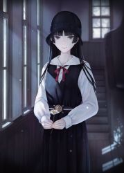 Rule 34 | 1girl, belt, black eyes, black hair, blunt bangs, commentary request, dandelion, expressionless, flower, hat, highres, hime cut, holding, holding flower, indoors, kaoming, long hair, looking at viewer, school uniform, solo, stairs, window