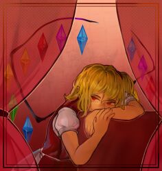 Rule 34 | 1girl, blonde hair, chair, commentary, curtains, english commentary, flandre scarlet, indoors, puffy short sleeves, puffy sleeves, red (stage1midboss), red eyes, red vest, shirt, short sleeves, sitting, skirt, solo, touhou, vest, white shirt, wings