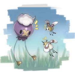 Rule 34 | blue sky, brown eyes, creatures (company), cutiefly, day, drifloon, eye contact, full body, game freak, gen 4 pokemon, gen 7 pokemon, grass, harisen1012, heart, looking at another, nintendo, no humans, outdoors, pokemon, pokemon (creature), sky, solid oval eyes, ^^^