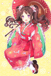 Rule 34 | 1girl, 2017, :d, blush, bow, brown hair, chinese zodiac, chitetan, clog sandals, floating hair, flower, frilled kimono, frills, full body, hair flower, hair ornament, holding, holding umbrella, japanese clothes, kimono, legs together, long hair, looking at viewer, nengajou, new year, obi, oil-paper umbrella, okobo, open mouth, original, pink flower, pink kimono, purple eyes, red bow, sandals, sash, smile, socks, solo, twintails, umbrella, white flower, white socks, wide sleeves, year of the rooster, yellow background