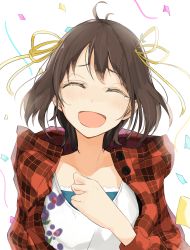 Rule 34 | 1girl, :d, amami haruka, brown hair, collarbone, confetti, closed eyes, hair ribbon, happy birthday, idolmaster, idolmaster (classic), miruto netsuki, open clothes, open mouth, open vest, ribbon, shirt, smile, solo, upper body, vest