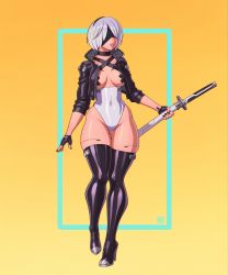 Rule 34 | 1girl, absurdres, adapted costume, alternate costume, black blindfold, black footwear, black gloves, black jacket, blindfold, boots, breasts, cyberpunk, cyberpunk (series), cyberpunk 2077, fingerless gloves, gloves, high heel boots, high heels, highres, holding, holding weapon, jacket, leotard, lipstick, makeup, medium breasts, nier (series), nier:automata, open clothes, open jacket, pasties, riz, short hair, sword, tape, tape on nipples, thigh boots, thighhighs, thighs, weapon, white leotard, yellow background, 2b (nier:automata)