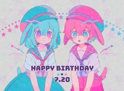 Rule 34 | 2girls, animal ears, blue eyes, blue hair, blue headwear, blush, character request, closed mouth, collarbone, copyright request, dated, eyebrows, happy birthday, hat, highres, looking at viewer, multiple girls, narumame, parted lips, pink eyes, pink hair, pink headwear, short hair, smile, tail, teeth, upper teeth only