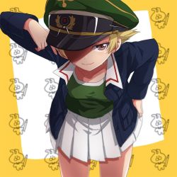 Rule 34 | 10s, 1girl, adjusting clothes, adjusting headwear, arm up, blonde hair, blue jacket, blurry, blurry background, brown eyes, closed mouth, cowboy shot, depth of field, erwin (girls und panzer), girls und panzer, goggles, goggles on headwear, green hat, green shirt, hand on own hip, hat, hat over one eye, jacket, leaning forward, long sleeves, looking at viewer, military, military hat, military uniform, miniskirt, ooarai military uniform, open clothes, open jacket, peaked cap, pleated skirt, pointy hair, shirt, short hair, skirt, smile, solo, sonasiz, standing, uniform, white skirt, yellow background