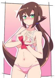 Rule 34 | 1girl, absurdres, aile (mega man zx), bare shoulders, bikini, blush, bound, bound wrists, breasts, brown hair, buzzlyears, green eyes, highres, large breasts, long hair, mega man (series), mega man zx, mega man zx advent, pink bikini, shirt, swimsuit, tagme