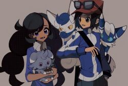 1boy 1girl 950magi618 black-framed_eyewear black_eyes black_hair blue_eyes blue_jacket calem_(pokemon) creatures_(company) dark-skinned_female dark_skin emma_(pokemon) espurr evolutionary_line eyewear_on_headwear film_grain game_freak gen_6_pokemon grey_background hat highres holding holding_pokemon jacket long_hair long_sleeves lower_teeth_only meowstic meowstic_(female) meowstic_(male) nintendo open_mouth pokemon pokemon_(creature) pokemon_xy red_hat short_hair simple_background smile sunglasses teeth turtleneck turtleneck_jacket twintails