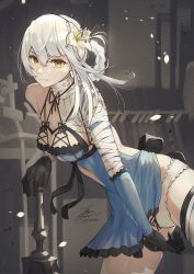 Rule 34 | 1girl, bandaged arm, bandaged neck, bandages, breasts, fadingz, gloves, hair rings, highres, kaine (nier), leaning forward, lingerie, looking at viewer, lunar tear, negligee, nier, nier (series), petals, signature, solo, sword, underwear, weapon, yellow eyes