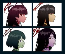 4girls album_cover black_hair blue_archive closed_eyes cover demon_days_(gorillaz) gorillaz halo hasumi_(blue_archive) highres ichika_(blue_archive) long_hair looking_at_viewer mashiro_(blue_archive) multiple_girls neamosub parody red_eyes red_halo short_hair tsurugi_(blue_archive)