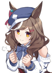 Rule 34 | 1girl, :&gt;, puff of air, absurdres, animal ears, bare shoulders, blush, brown hair, buttons, cabbie hat, center frills, clenched hands, clothing cutout, frills, hair ornament, hairclip, hat, highres, horse ears, long hair, long sleeves, looking at viewer, matikane tannhauser (umamusume), multicolored hair, shirt, shoulder cutout, simple background, smile, solo, streaked hair, umamusume, upper body, v-shaped eyebrows, white background, white shirt, yamabuki7979, yellow eyes