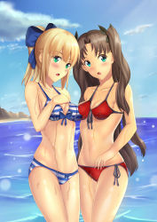 Rule 34 | 2girls, alternate costume, artoria pendragon (all), artoria pendragon (fate), bad id, bad pixiv id, beach, bikini, blonde hair, blue eyes, blush, breast press, breasts, brown hair, cleavage, crow (glhtca), day, dripping, fate/grand order, fate/stay night, fate (series), green eyes, highres, multiple girls, navel, ocean, outdoors, saber (fate), small breasts, striped bikini, striped clothes, swimsuit, tohsaka rin, twintails, two side up, type-moon, wading, water, wet