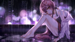 Rule 34 | 1girl, bare shoulders, barefoot, breasts, brown eyes, cleavage, crying, feet, full body, hand on own knee, highres, hood, hoodie, legs, long hair, looking at viewer, nekomura iroha, ohagi (ymnky), pink hair, ponytail, rain, sitting, small breasts, solo, very long hair, vocaloid, wet
