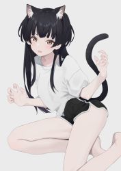 Rule 34 | 1girl, :o, animal ears, bare legs, barefoot, black hair, black hairband, blush, cat ears, cat tail, commentary request, dolphin shorts, fake animal ears, fang, hairband, highres, idolmaster, idolmaster shiny colors, legs, looking at viewer, mayuzumi fuyuko, paw pose, shirt, short shorts, shorts, simple background, skin fang, solo, syhan, tail, thighs, v-shaped eyebrows, white background, white shirt, yellow eyes