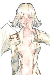 Rule 34 | 1girl, alternate hair color, angel wings, arm at side, beige hair, beige jacket, breasts, hair between eyes, hand over face, highres, jacket, kishin sagume, long sleeves, looking to the side, navel, open clothes, open jacket, red eyes, scar, seastar, short hair, single wing, small breasts, solo, stomach, touhou, upper body, wings