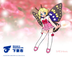 Rule 34 | :d, antennae, blonde hair, blue eyes, butterfly wings, fairy, insect wings, mary janes, official art, official wallpaper, open mouth, pink footwear, shimon (shimotsuma), shimotsuma, shoes, short hair, smile, solo, thighhighs, wallpaper, white thighhighs, wings