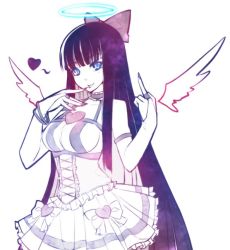 Rule 34 | 10s, 1girl, :p, angel, blue eyes, bow, bracelet, breasts, bridal gauntlets, choker, colored inner hair, dress, finger to mouth, hair bow, halo, heart, jewelry, kugi ta hori taira, long hair, middle finger, multicolored hair, panty &amp; stocking with garterbelt, petticoat, solo, stocking (psg), tongue, tongue out, two-tone hair, very long hair, wings