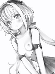 Rule 34 | .live, 1girl, alternate costume, alternate hairstyle, blush, breasts, carro pino, collarbone, detached sleeves, greyscale, hair ornament, hat, headband, highres, long hair, looking at viewer, low twintails, monochrome, nanashi (nlo), navel, nipples, simple background, small breasts, smile, twintails, virtual youtuber, white background