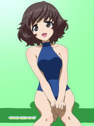 Rule 34 | 1girl, akiyama yukari, blue one-piece swimsuit, blush, breasts, brown eyes, brown hair, dated, girls und panzer, highres, naotosi, one-piece swimsuit, open mouth, short hair, signature, small breasts, smile, solo, swimsuit