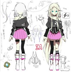 Rule 34 | 1girl, ahoge, akasaka aka, bare shoulders, blonde hair, blue eyes, boots, braid, character name, character sheet, concept art, full body, ia (vocaloid), long hair, off shoulder, resized, side braid, single thighhigh, skirt, thigh strap, thighhighs, twin braids, twintails, very long hair, vocaloid, white background