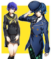 Rule 34 | 1girl, androgynous, blue eyes, blue hair, blush, breasts, cabbie hat, closed mouth, hat, highres, jacket, looking at viewer, nakano maru, open mouth, persona, persona 4, reverse trap, school uniform, shirogane naoto, short hair, simple background, skirt, solo, yasogami school uniform