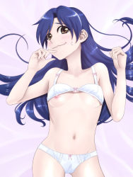 Rule 34 | 1girl, bad id, bad pixiv id, blue hair, blush, bra, bra lift, breast slip, breasts, brown eyes, cameltoe, embarrassed, flat chest, idolmaster, idolmaster (classic), kisaragi chihaya, lingerie, long hair, navel, nipple slip, nipples, one breast out, panties, small breasts, solo, tkhs, underwear, underwear only, wavy mouth