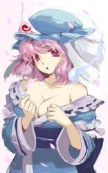 Rule 34 | 1girl, :o, bad id, bad pixiv id, bare shoulders, blue dress, breasts, chagen kokimu, cherry blossoms, cleavage, clothes pull, collarbone, dress, dress pull, female focus, hands on own chest, hat, highres, large breasts, off shoulder, open mouth, pink eyes, pink hair, pulling own clothes, red eyes, saigyouji yuyuko, short hair, solo, touhou